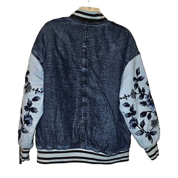 New Free People WTF Team Spirit Jacket $298 SMALL Stone Blue Floral Embroidery - Picture 8 of 8